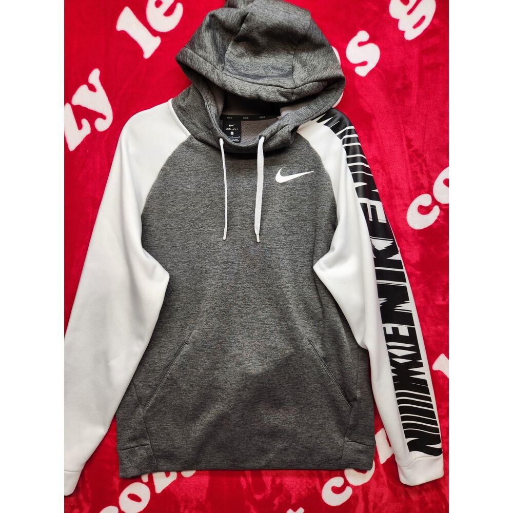 Nike Dri-FIT Hoodie Mens Large Gray White Pullover Sweatshirt Graphic Sleeve